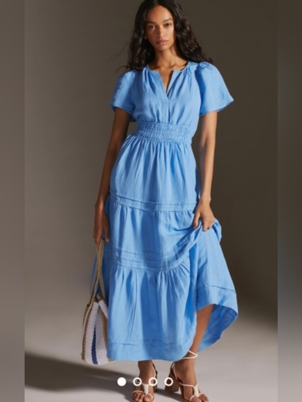Anthropologie Linen Sommerset Sky-Blue Tiered Maxi Dress w/ Smocked Waist Medium
